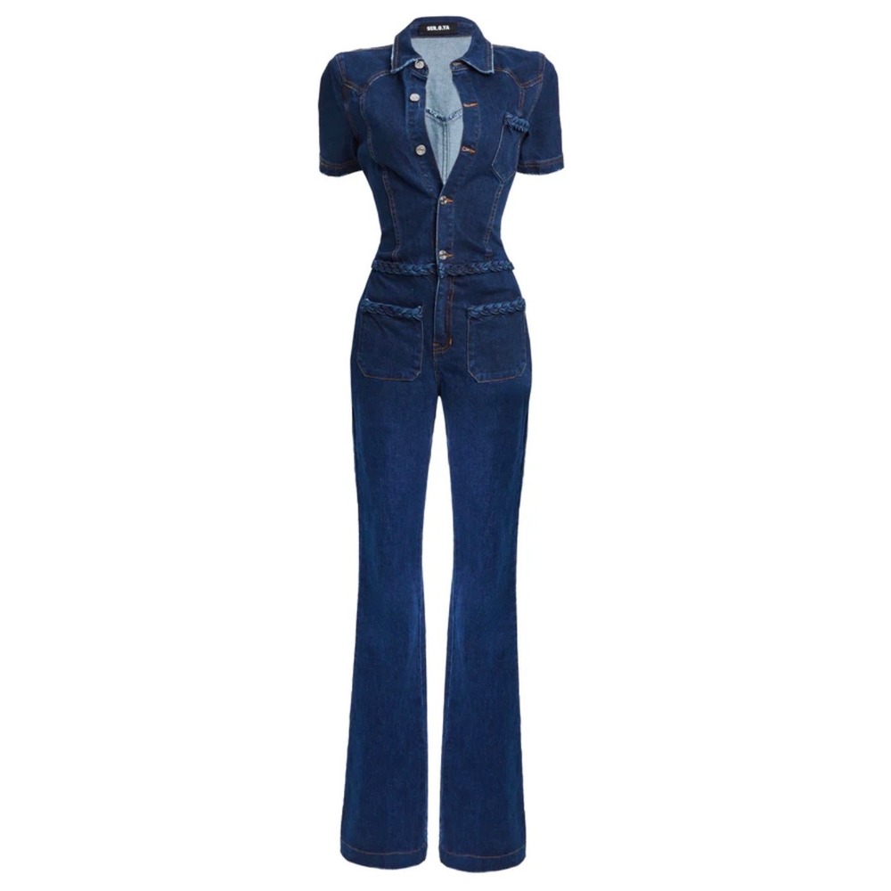 Free People x SER.O.YA Alice Jumpsuit Deep Sea Denim Braided Flare Leg Jumpsuit
